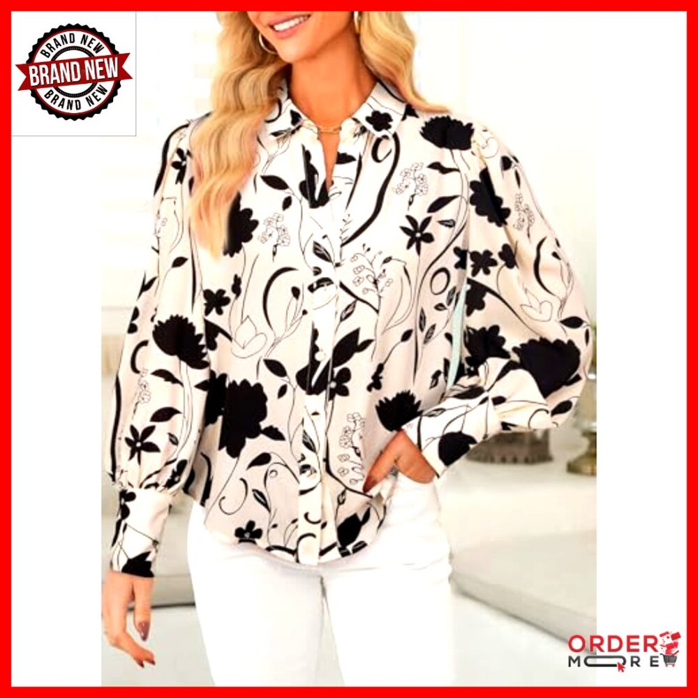 Long Sleeve Button Down Blouse, Polyester, Deep V… - image 3